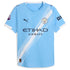 Manchester City 2025 home Puma jersey in sky blue with white diagonal stripes and sponsor logos